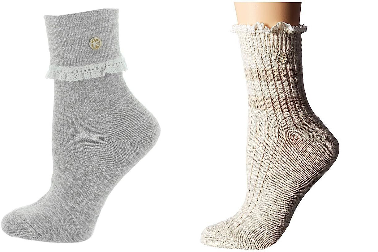 BIRKENSTOCK WOMEN'S COTTON BLEND SLUB LACE CREW SOCKS sz S, M BEIGE MELANGE