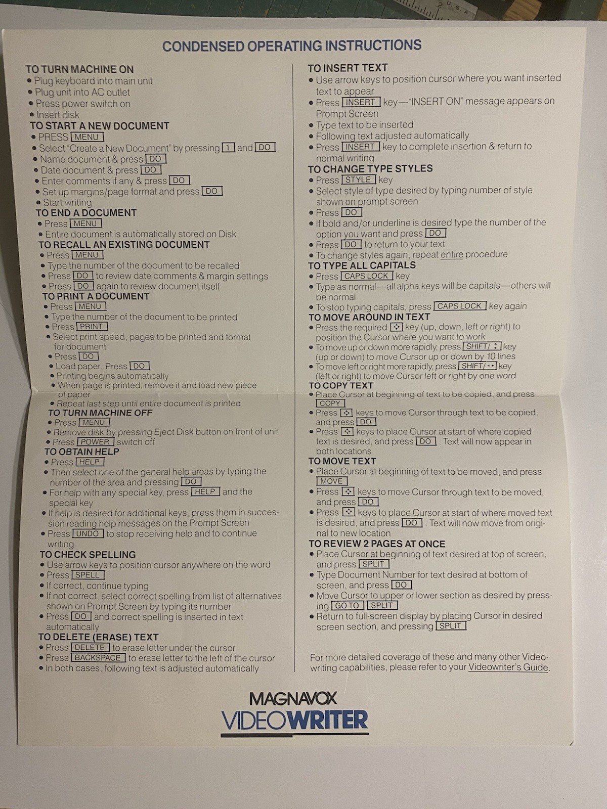 1985 MAGNAVOX VIDEOWRITER Word Processor USER'S MANUAL AND PULL OUT GUIDE