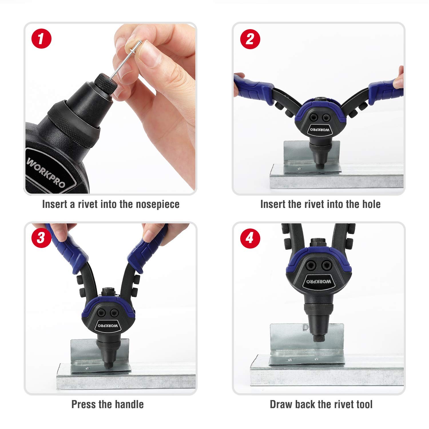 WORKPRO Rivet Gun Set 5-in-1 10-Inch Pop Riveter with 5 Sizes Interchangeable
