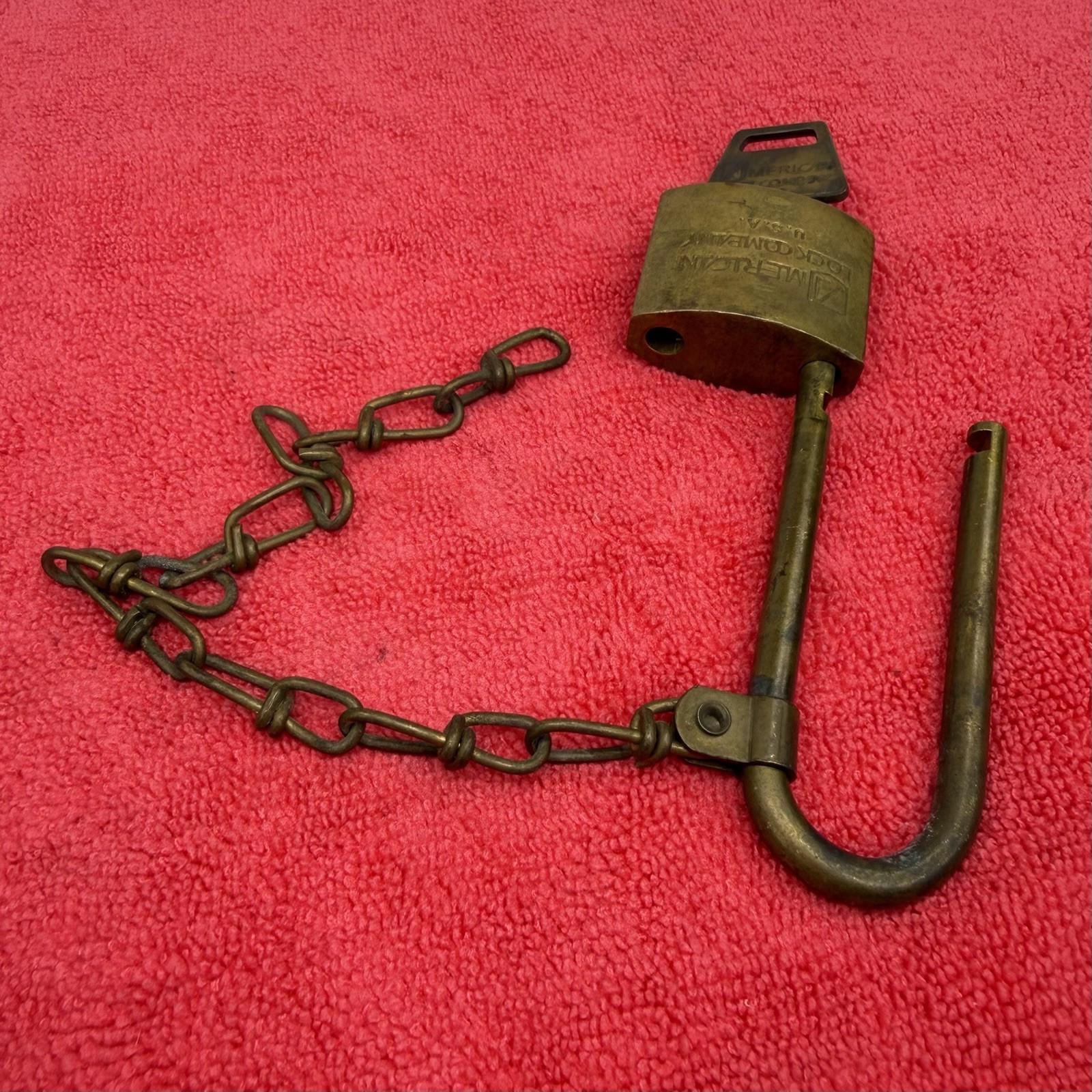 Vintage U.S. Military Brass Padlock , Chain & Key American Lock Co. USA 6460H
