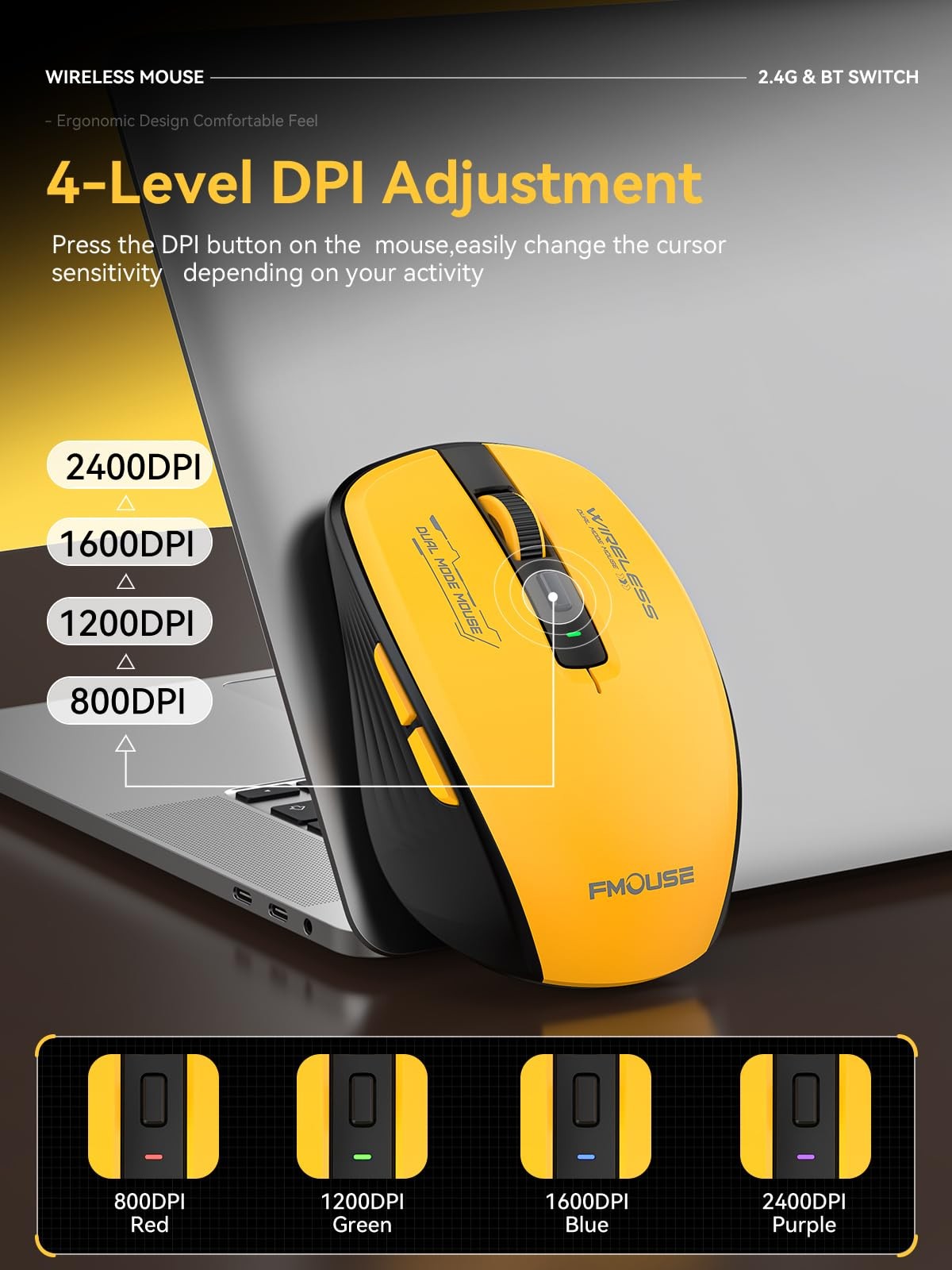DAHULI Wireless Mouse Yellow Black, Dual-Mode Bluetooth/2.4G, Side Buttons