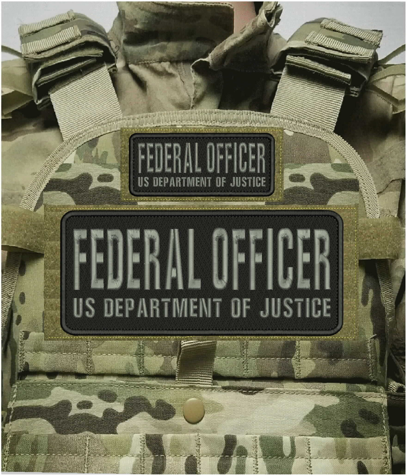 F O US D OF JUSTICE  EMB PATCH 4x10 & 2X5 VELCR@ ON BACK GRAY ON BLACK