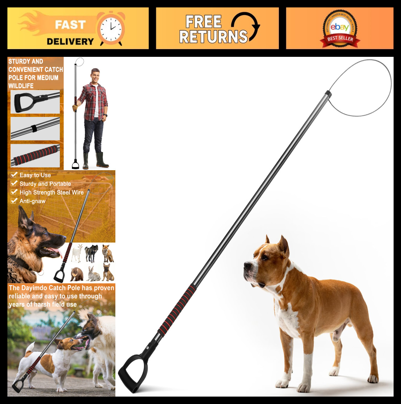 60"-92" Adjustable Animal Catcher Pole for Dogs, Pigs, Foxes & Wildlife Rescue