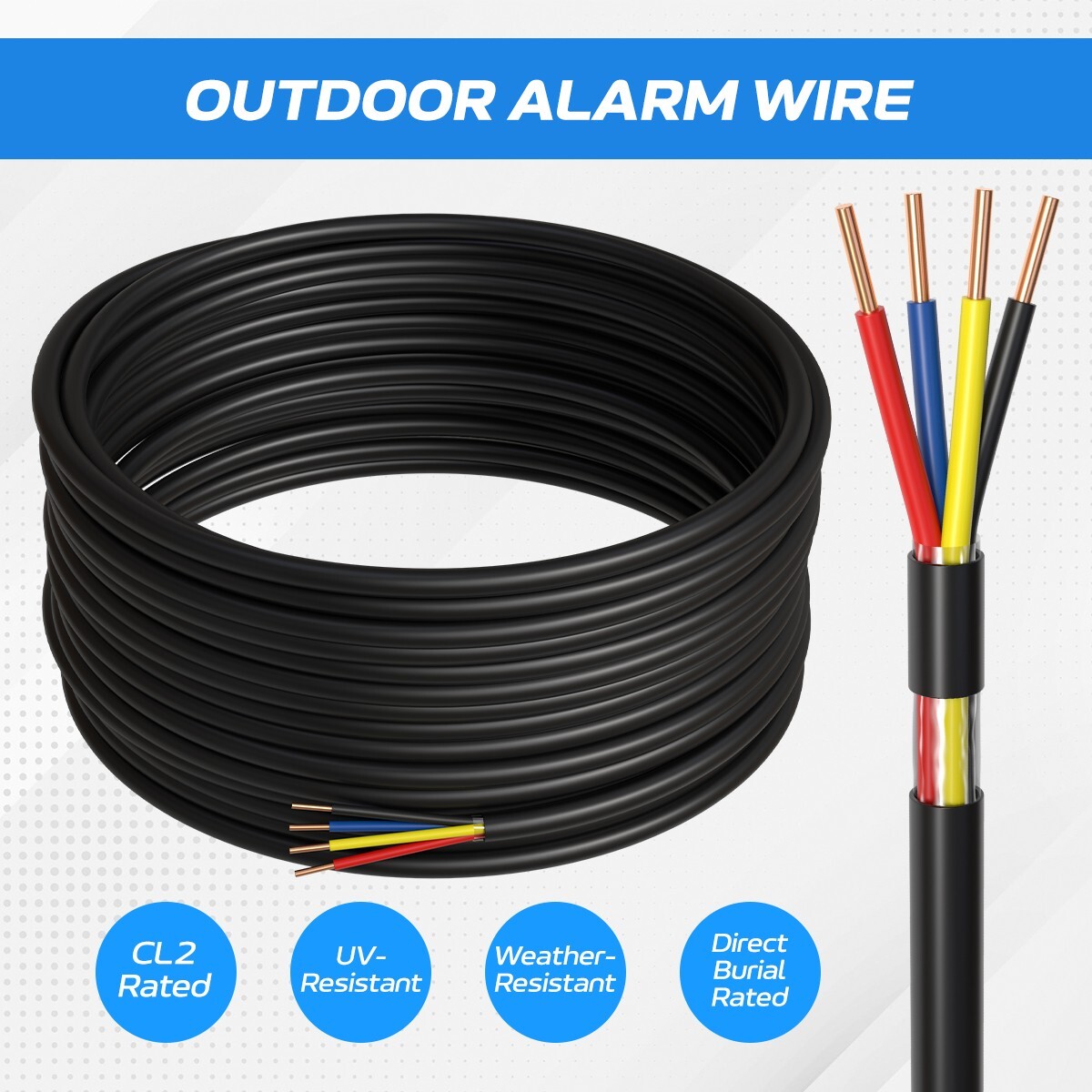 Outdoor Alarm Cable 500ft Solid CL2 Rated 18/4 AWG CCA Security