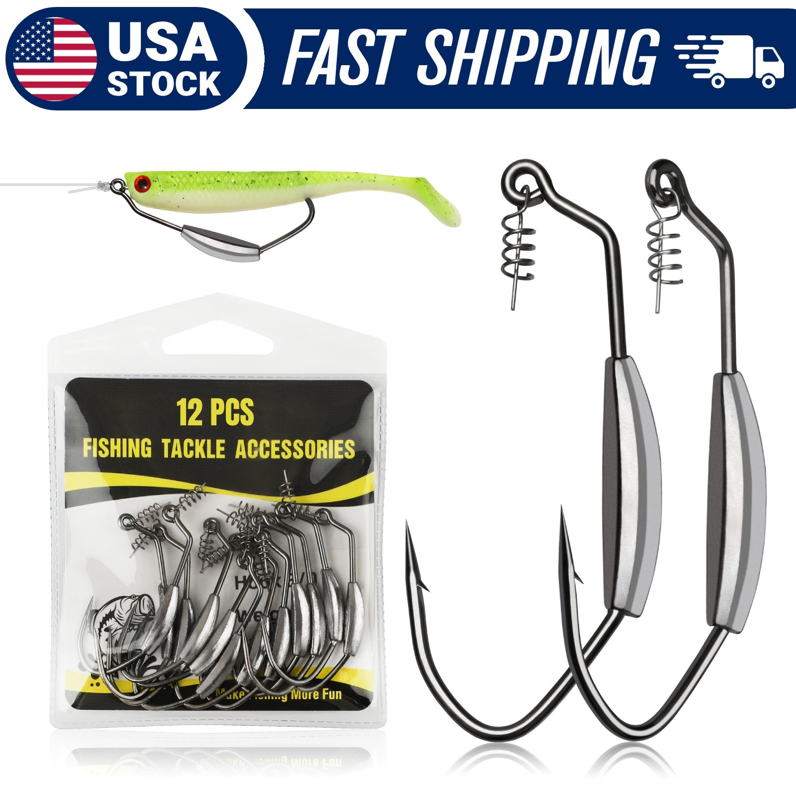 12PCS Weighted Swimbait Hooks 3/0 Screw Lock Worm Weedless Bass Fishing Hooks