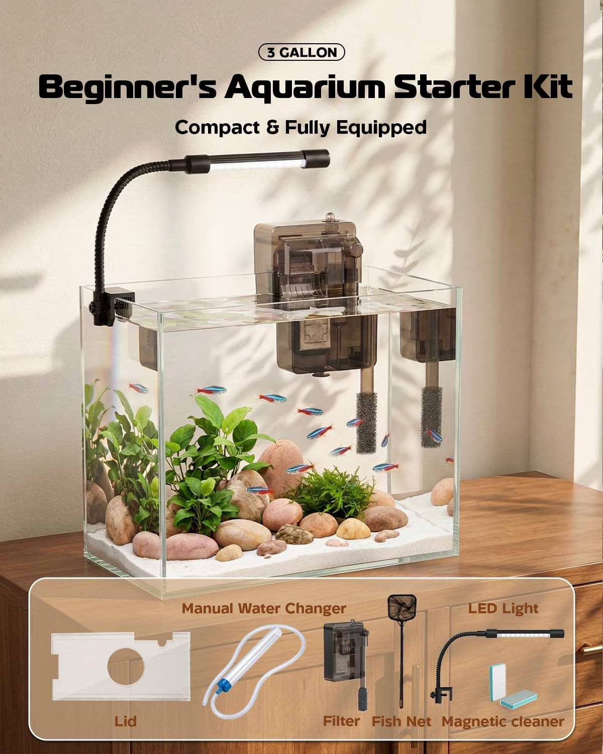 Glass Fish Tank Kit, 3 Gallon Betta Fish Tank Aquarium Starter Kit with Filte...