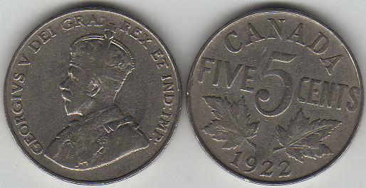 1922 Canada Five Cents Coin. George V Canadian Nickel