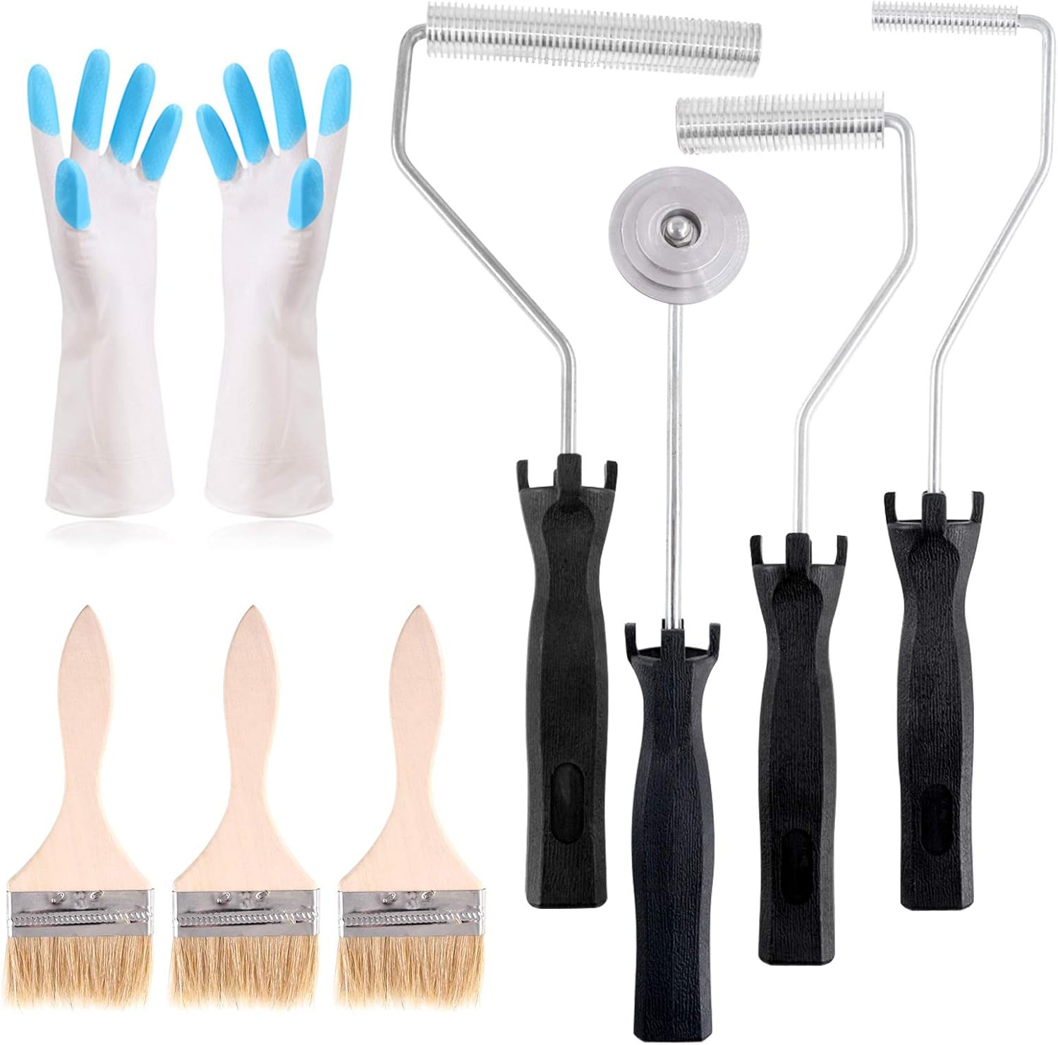 4Pcs Fiberglass Roller Tools and 1Pcs Detail Brushes with 1 Pair Glove Kit, Fibe