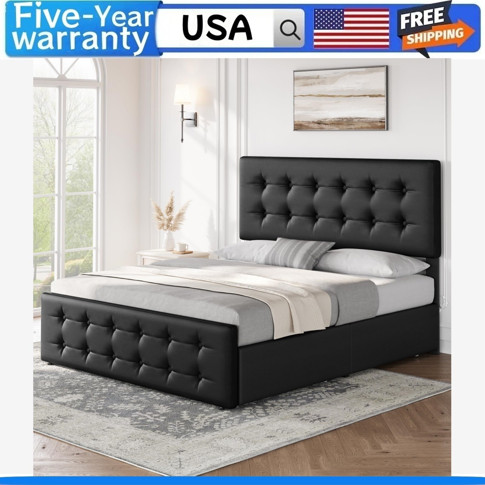 🔥Full Size Bed Frame W/4 Storage Drawers and Headboard Upholstered Platform US