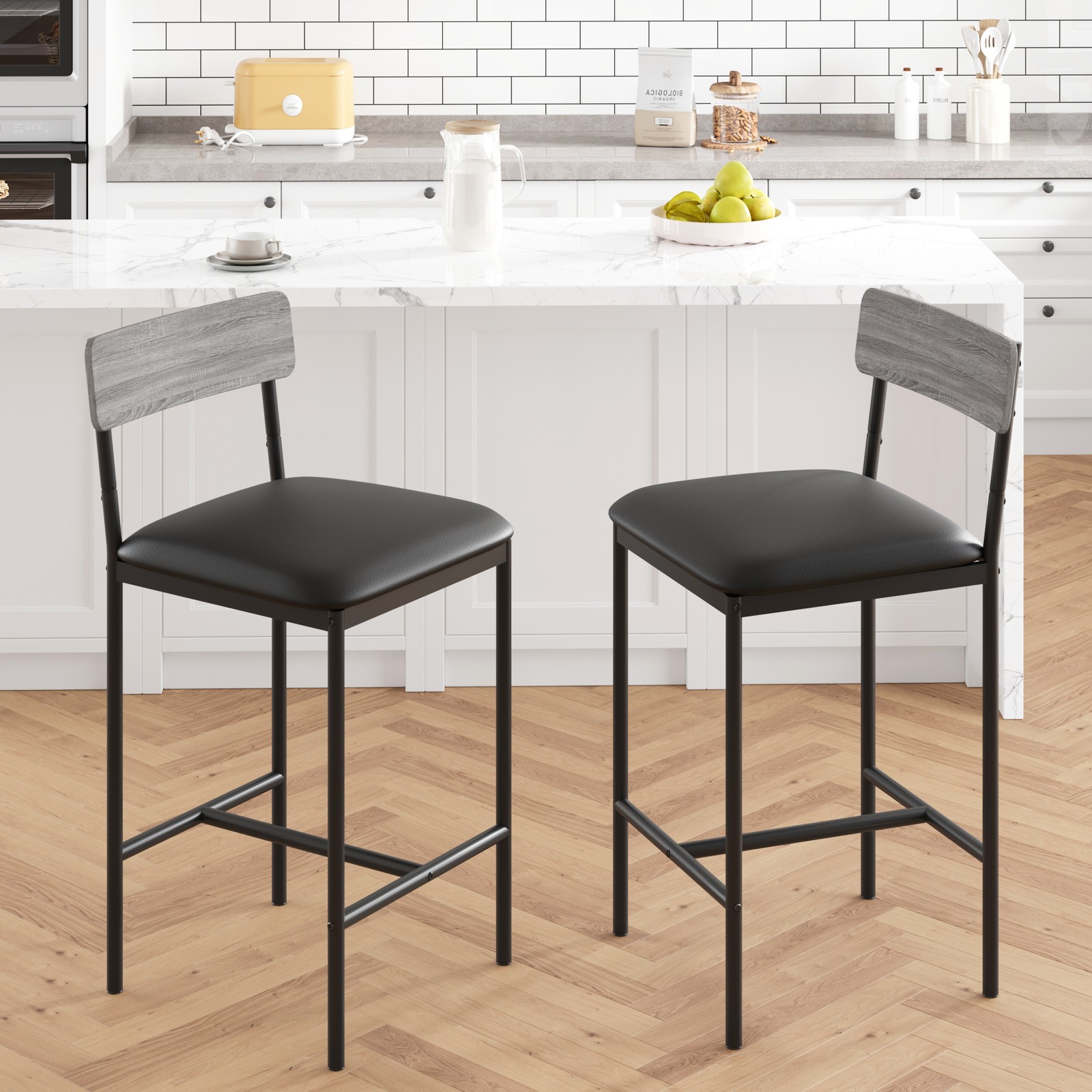 Set of 2/4 Leather Bar Stools Counter Height Kitchen Stools with Back Support