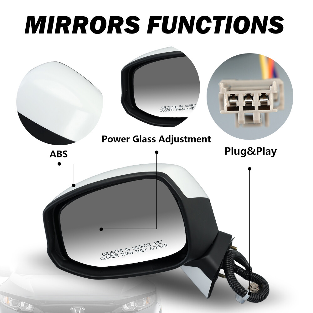 Left Driver Side Mirror White Manual Fold 3Pin For Honda Civic 2012 2013-2015