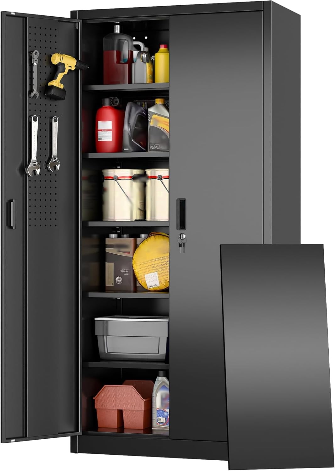 Kavey Locking Metal Garage Storage Cabinet with Pegboard Doors Shelves Black