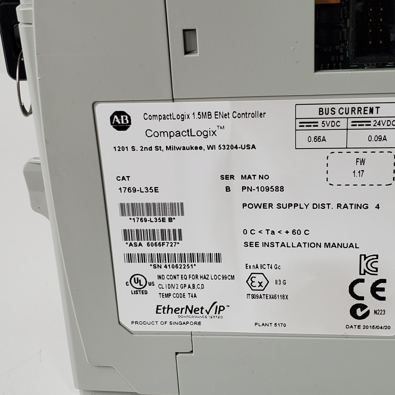 1769-L35E ALLEN BRADLEY COMPACTLOGIX 1.5MB ENet CONTROLLER SER B