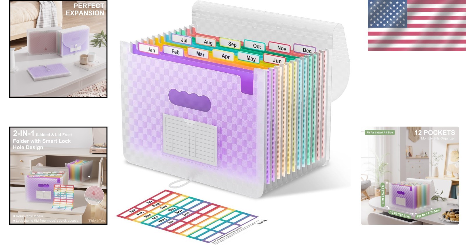 Durable 12-Pocket Accordion Document Organizer - Purple with Smart Lock Feature