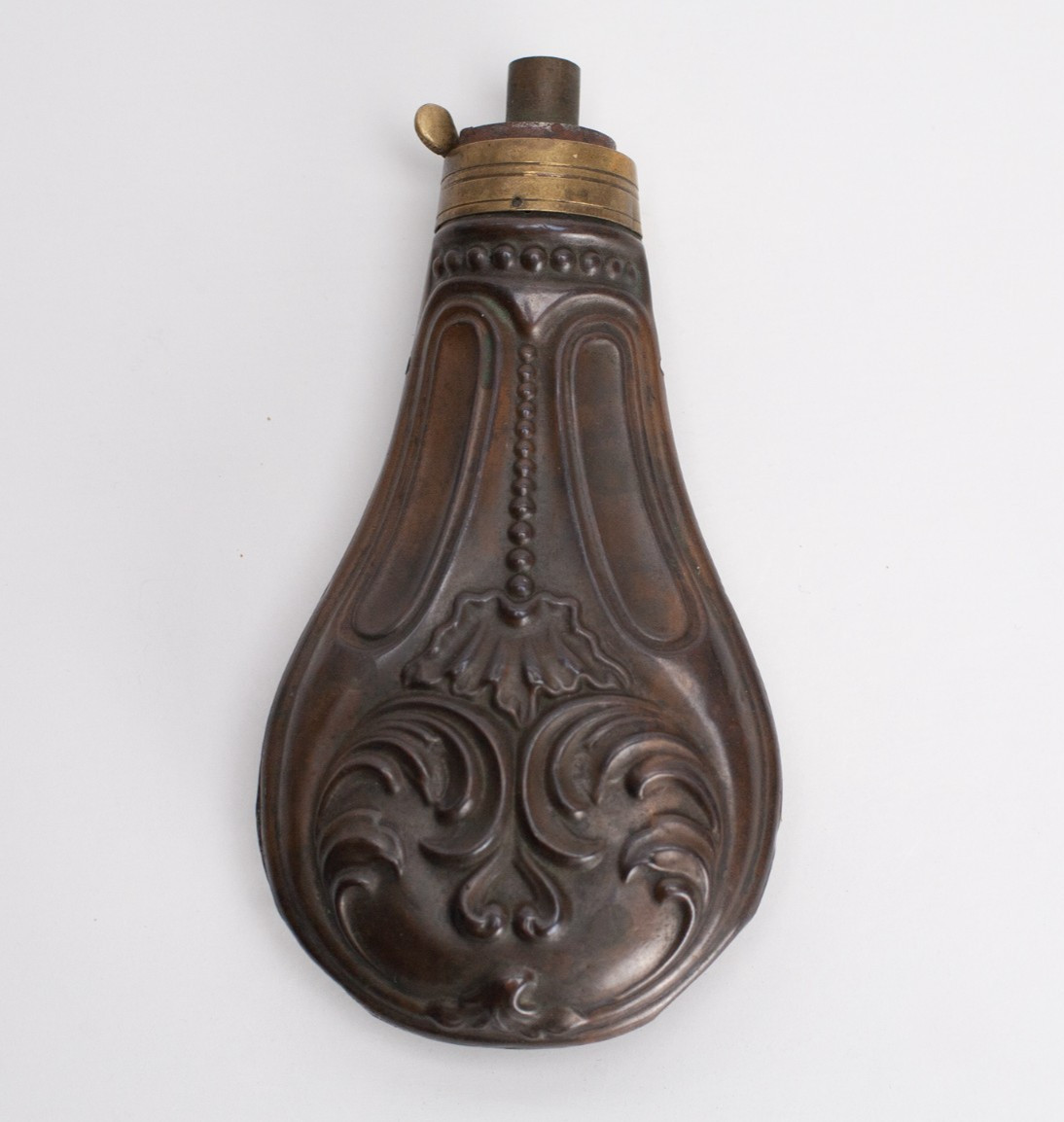 Antique Ornate Copper & Brass Gun Powder Flask Nice!