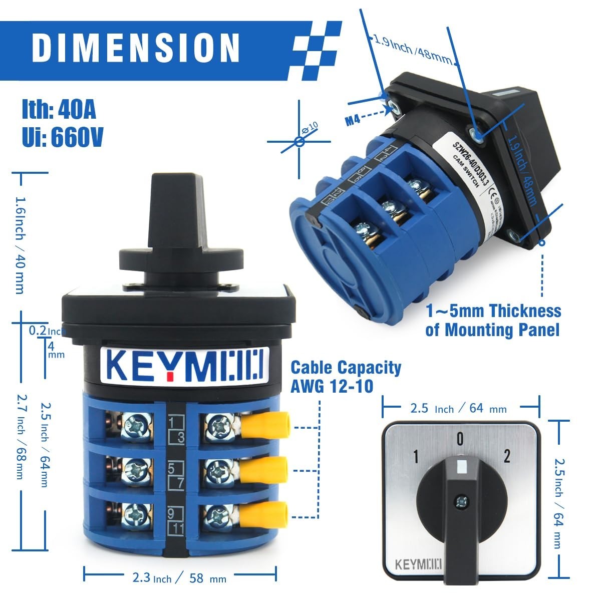 40A Rotary Changeover Switch IP65 3 Position 3 Phase Selector Switch Box Kit