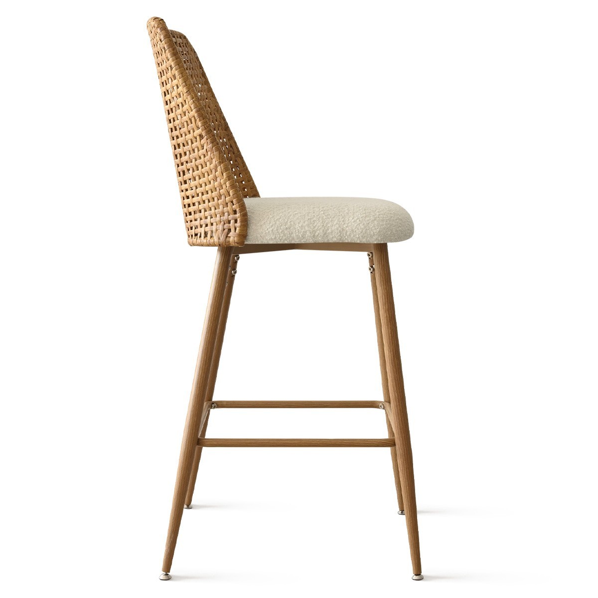 Set of 3 Upholstered Boucle Rattan Full Back Counter Stool