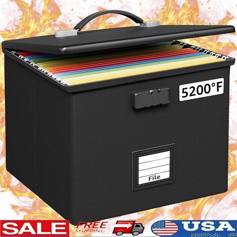 Fireproof Water Resistant File Box W/ Lock Adjustable Handle & Pockets New