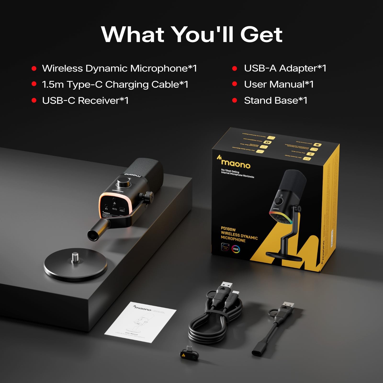 MAONO PD100W USB Wireless Microphone for PC, Gaming USB-C Receiver, Black