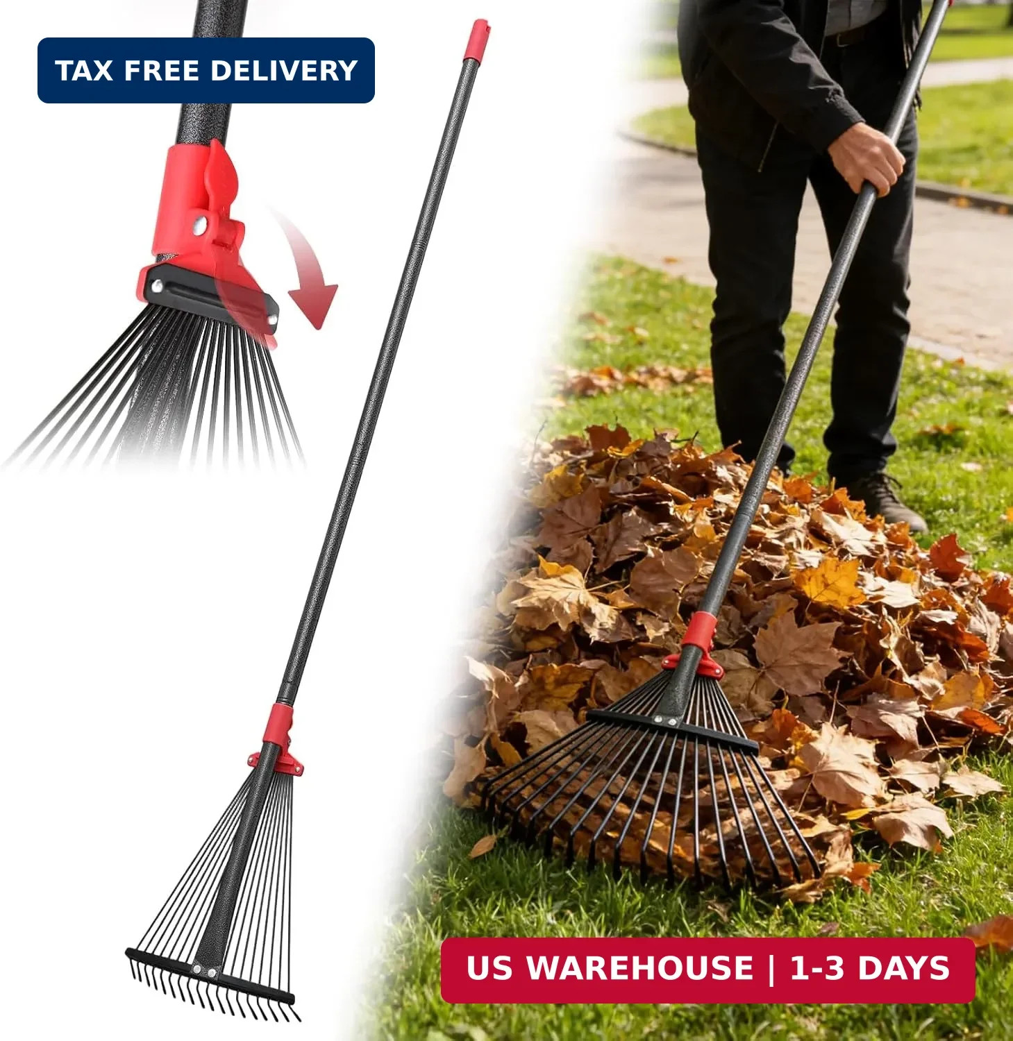 Garden Rake for Leaves: 55 Inch Adjustable Long Handle 18 Metal Tines with 8-17"