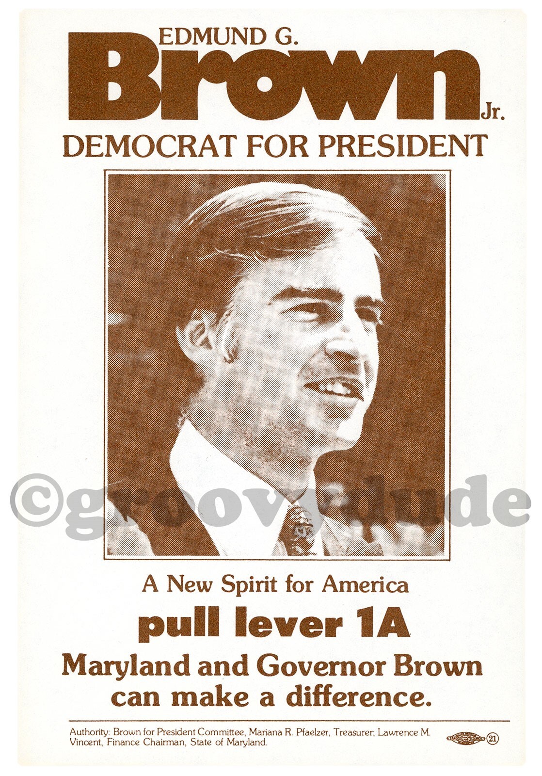 Jerry Brown 1976 President Maryland Democrat Primary Campaign Handbill ORIGINAL