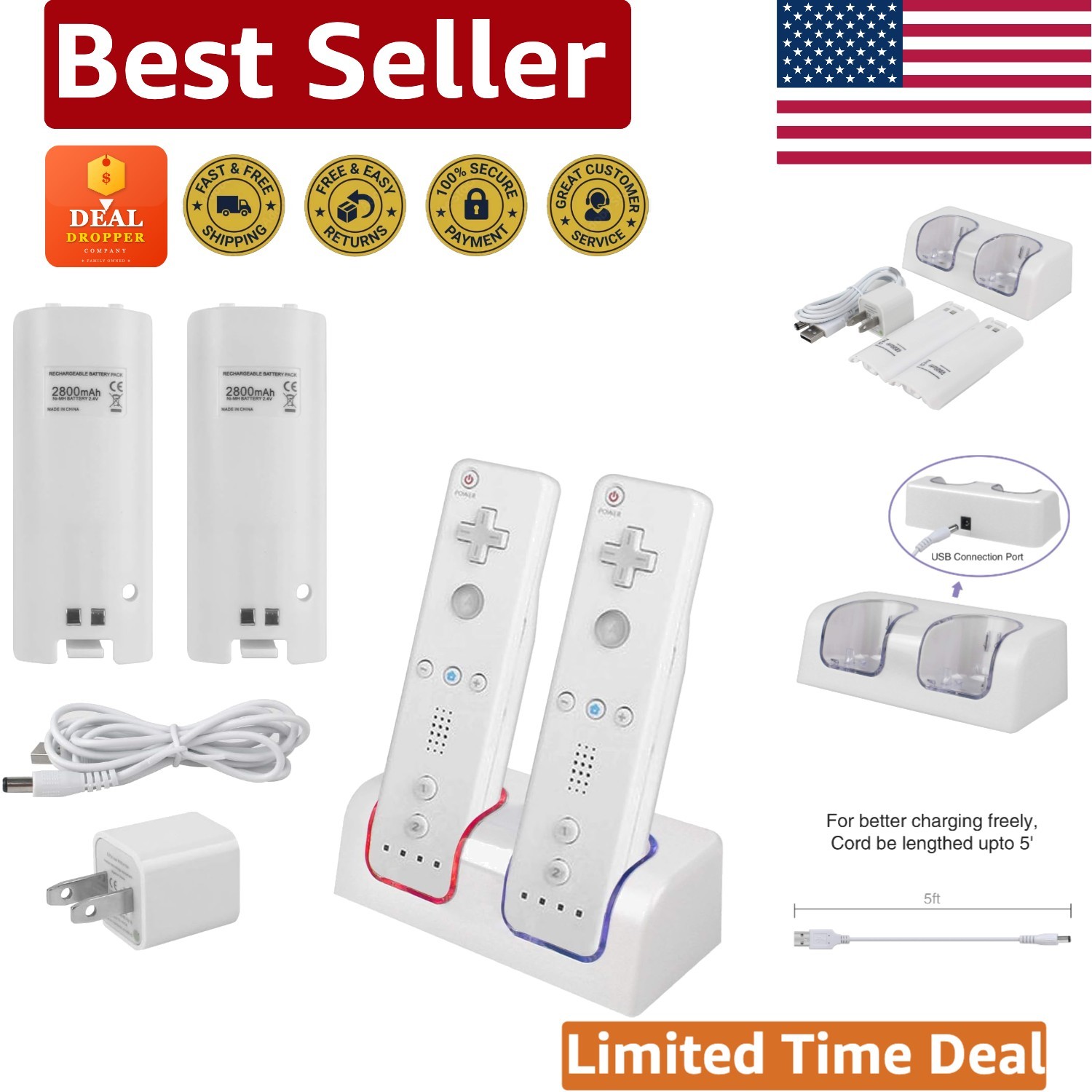 Wii Remote Dual Charger + USB Wall Charger with Rechargeable Batteries