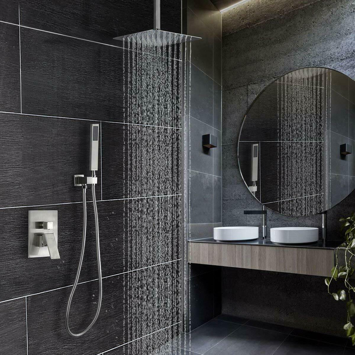 Shower Faucet Set w/Mixer Valve Rainfall Shower Head Combo System Ceiling Mount