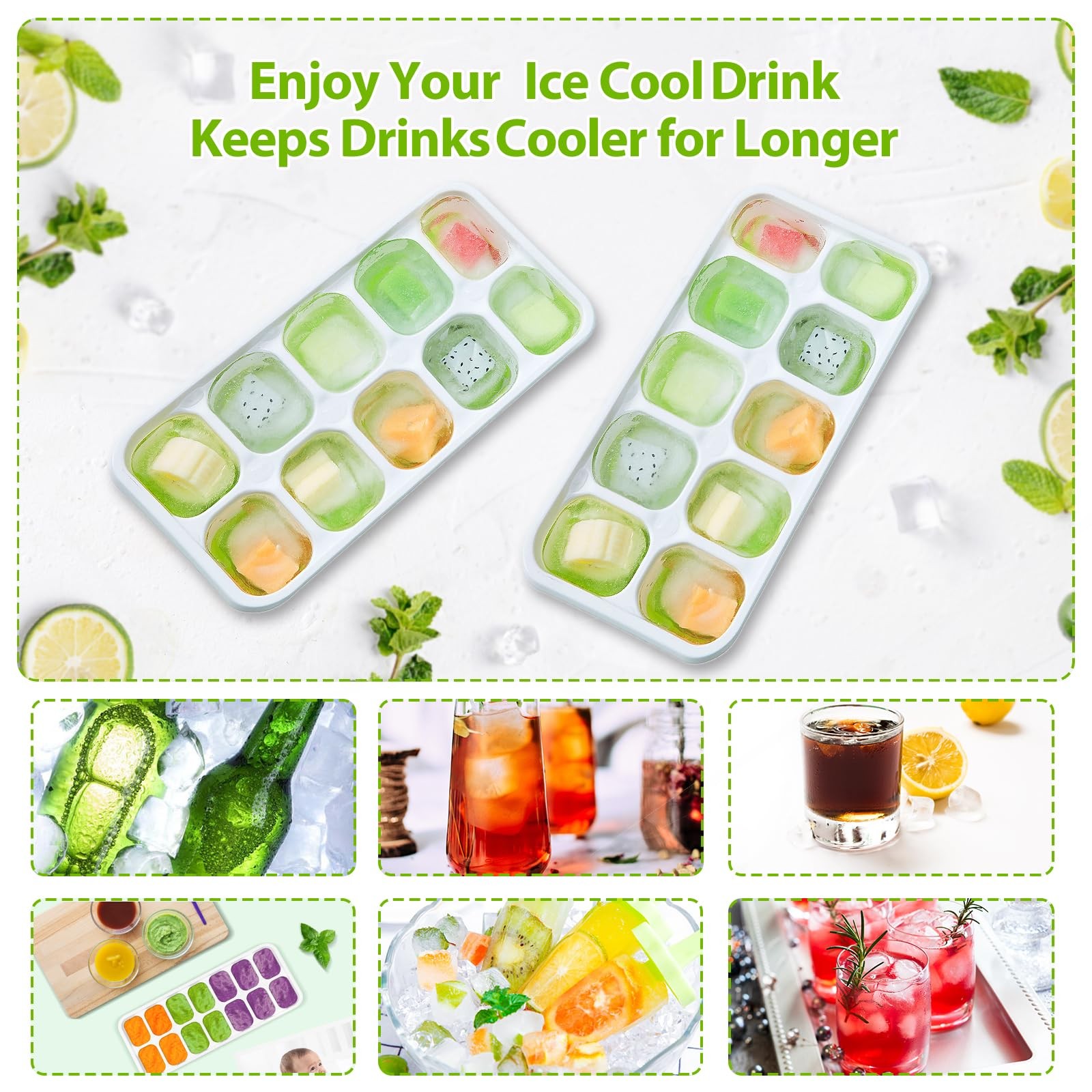 DOQAUS Ice Cube Tray with Lids - 4 Pack Stackable 4Pack-7.2"*4.1"*1.3", Green