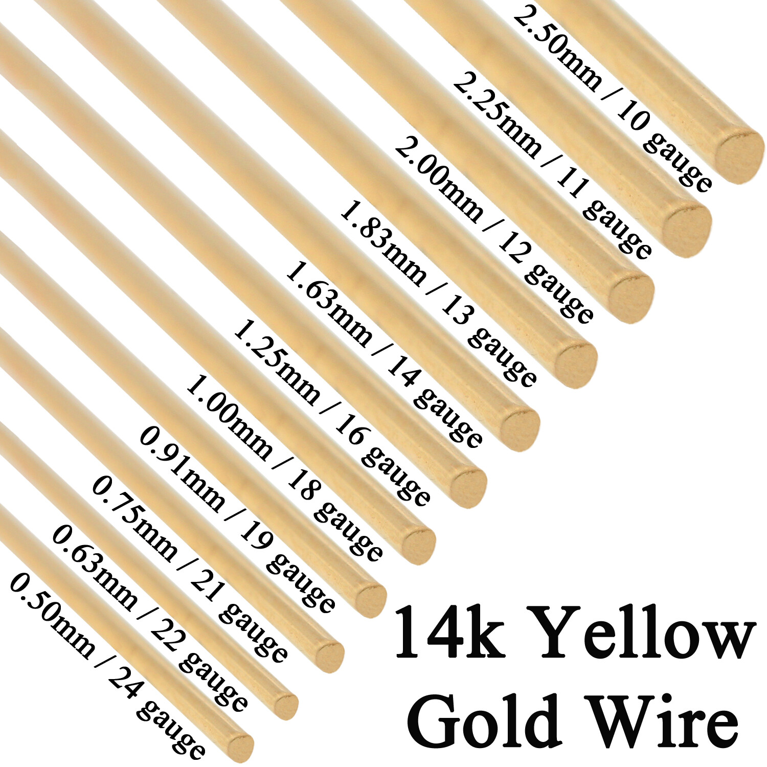 14K Solid Yellow Gold Round Wire Half Hard 1 Inch 10ga - 24 Gauge 0.5mm - 2.5mm