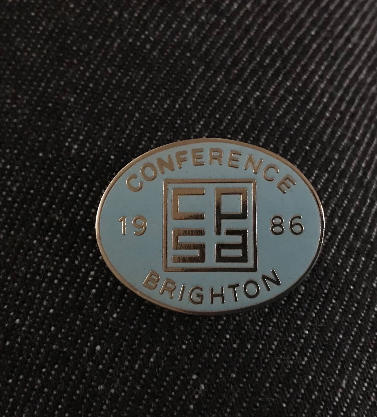 Vtg Pale Blue 1986 Brighton Conference Fattorini Oval 28mm Chrome Lapel Badge