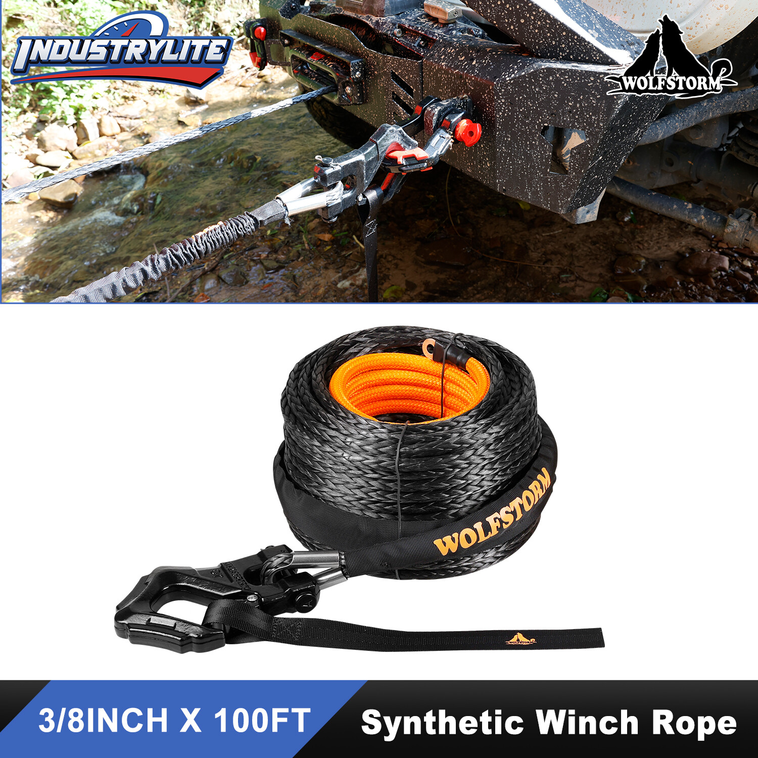 WOLFSTORM 3/8"x100' Synthetic Winch Rope Winch Line Cable w/Winch Hook For Truck