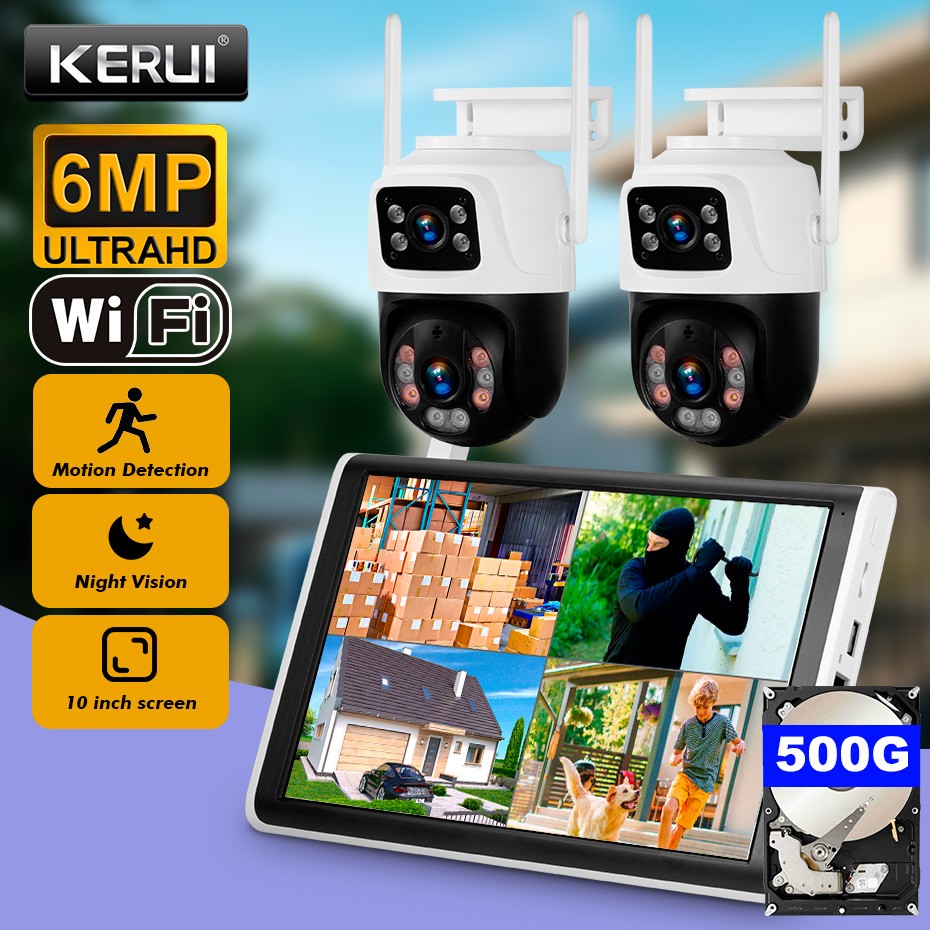 KERUI 10.1" LCD Monitor WiFi 8CH NVR 6MP Security Camera System with 500G HDD