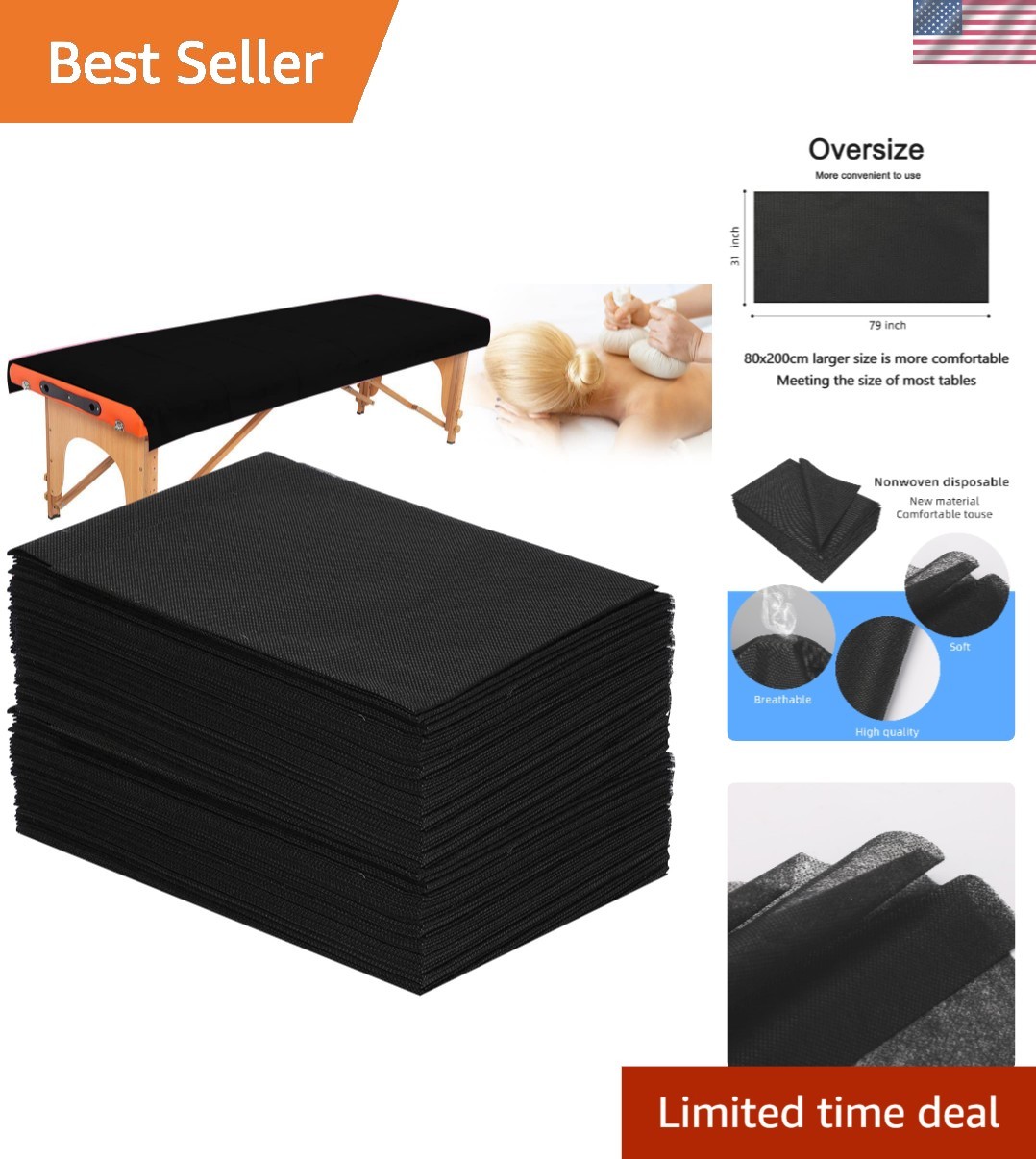 Luxury 50 PCS Black Non-Woven Disposable Massage Table Covers - 31" x 79"