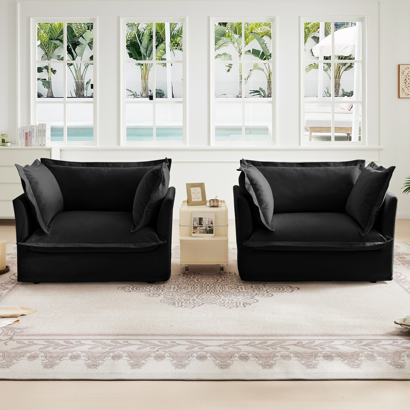 Set of 2 Modern Accent Armchairs, Deep Seat with Pillows, Black Chenille
