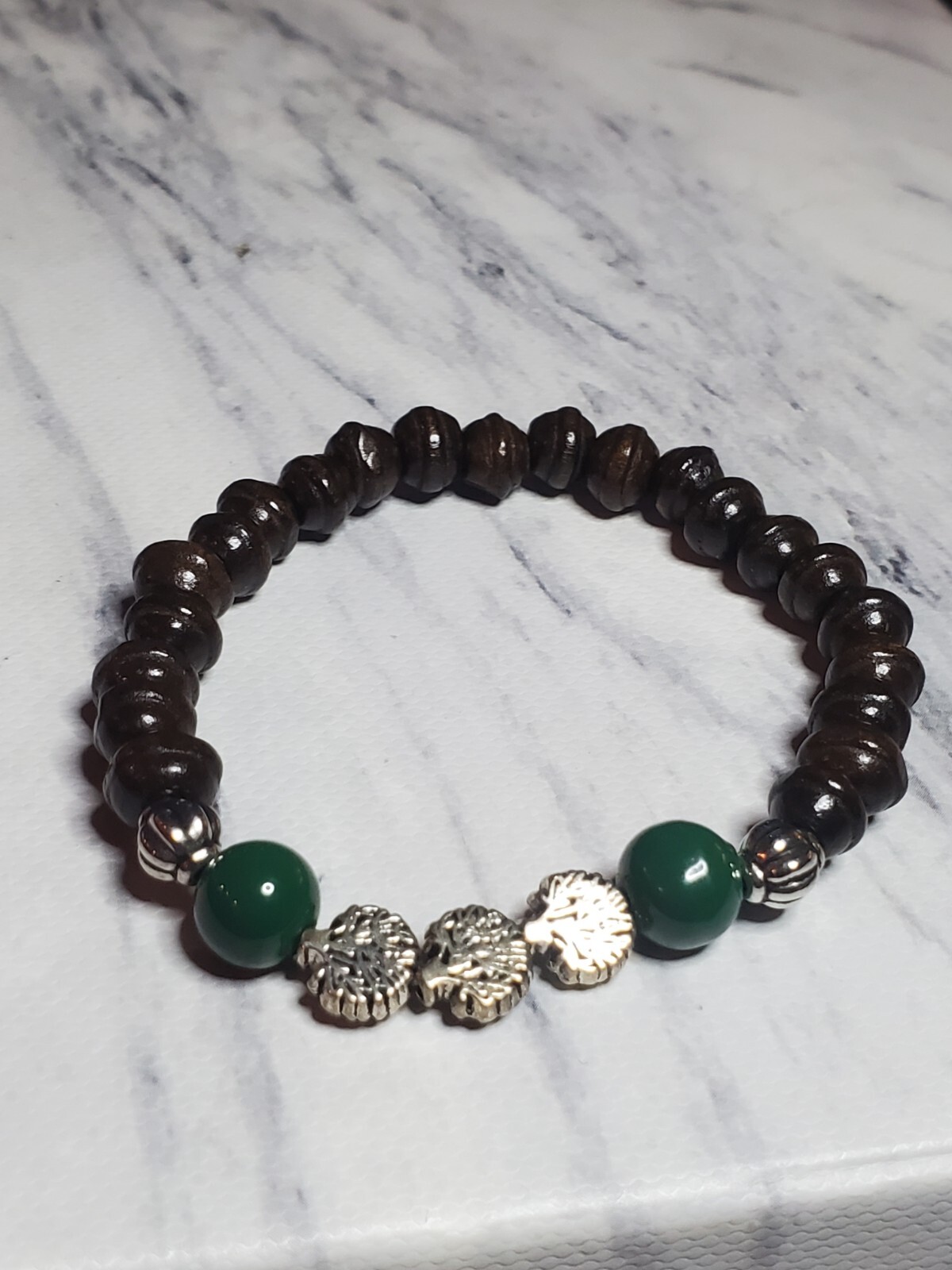 Handmade Silver Tree Of Life Wood Beaded Bracelet Brown & Green