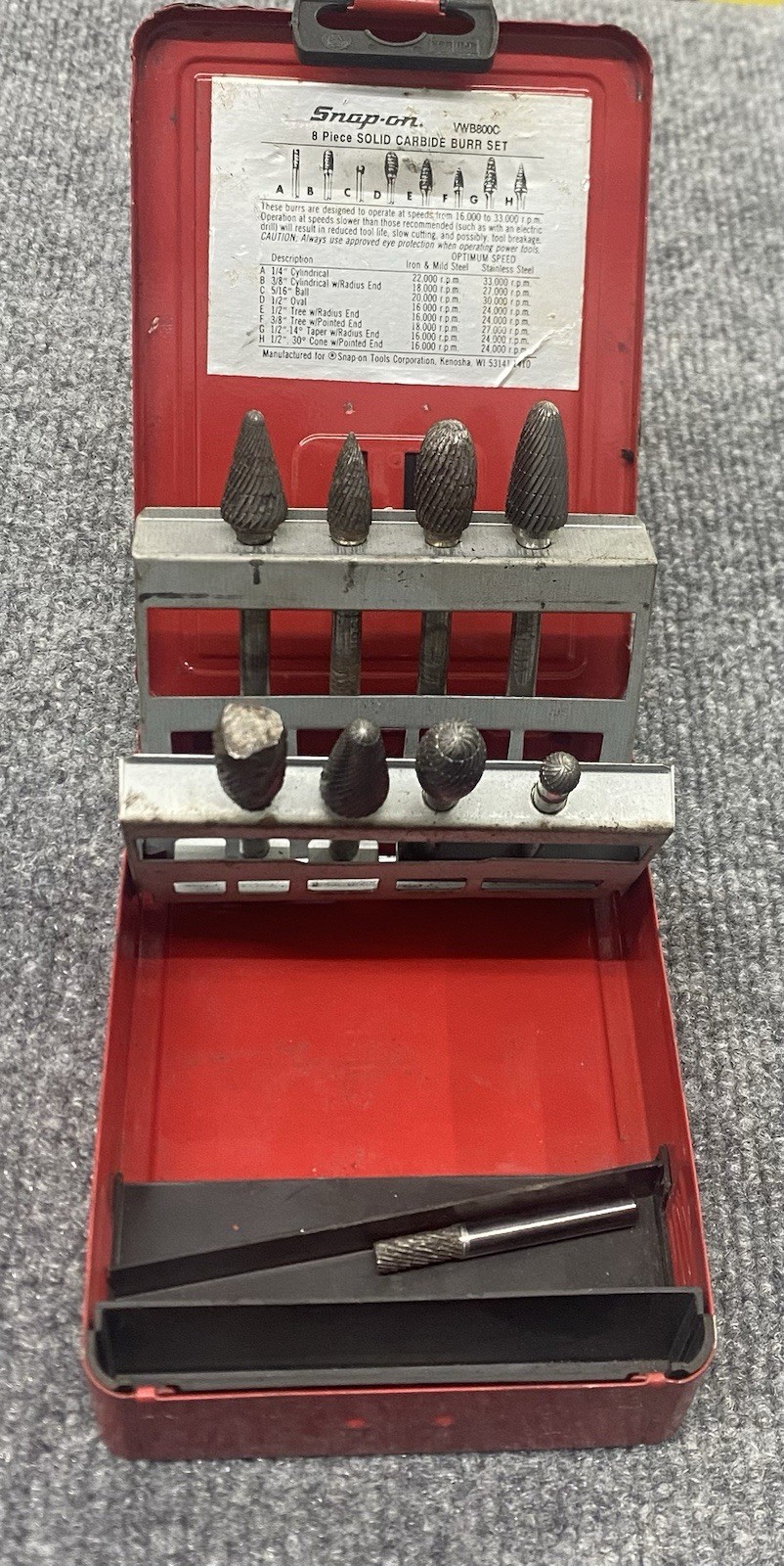 Snap-On Tools VWB800C 8 Piece Solid Carbide Burr Set Original Bits + 1 Bonus Bur