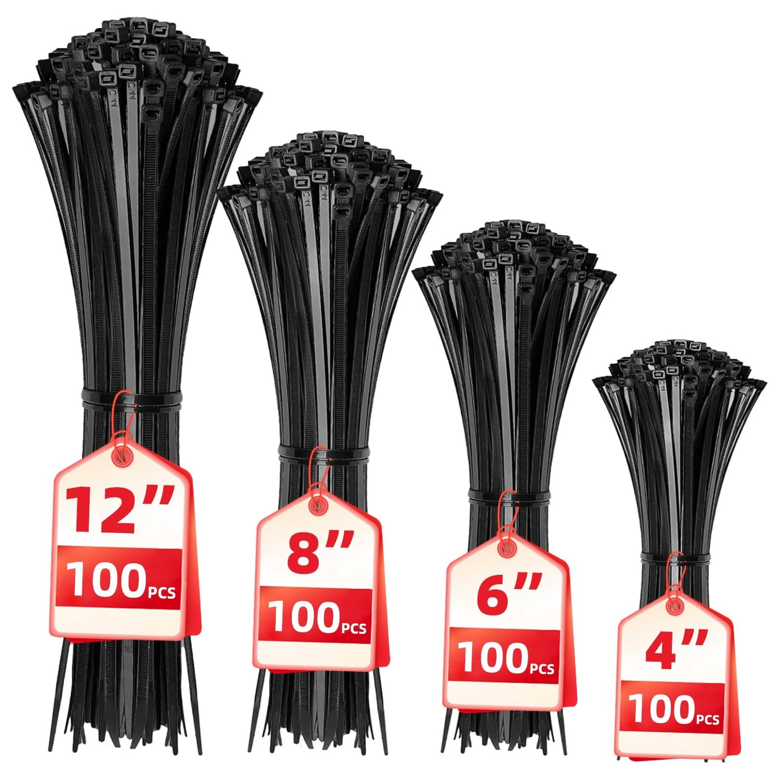 Cable Zip Ties,400 Pack Black Assorted Sizes 12+8+6+4 Inch,Multi-Purpose Self...