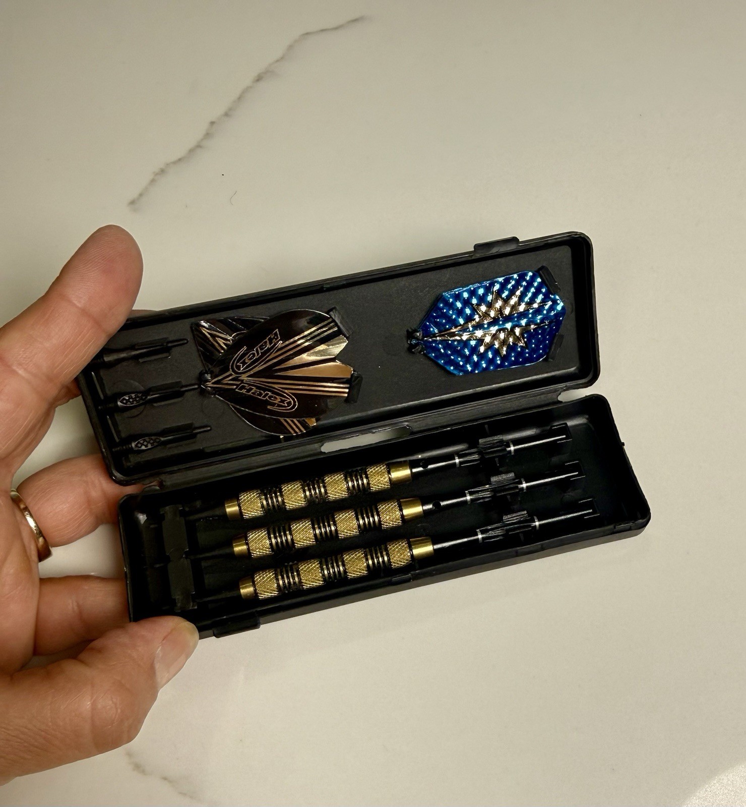 Halex brass soft tip dart set packaged in a black carrying case New