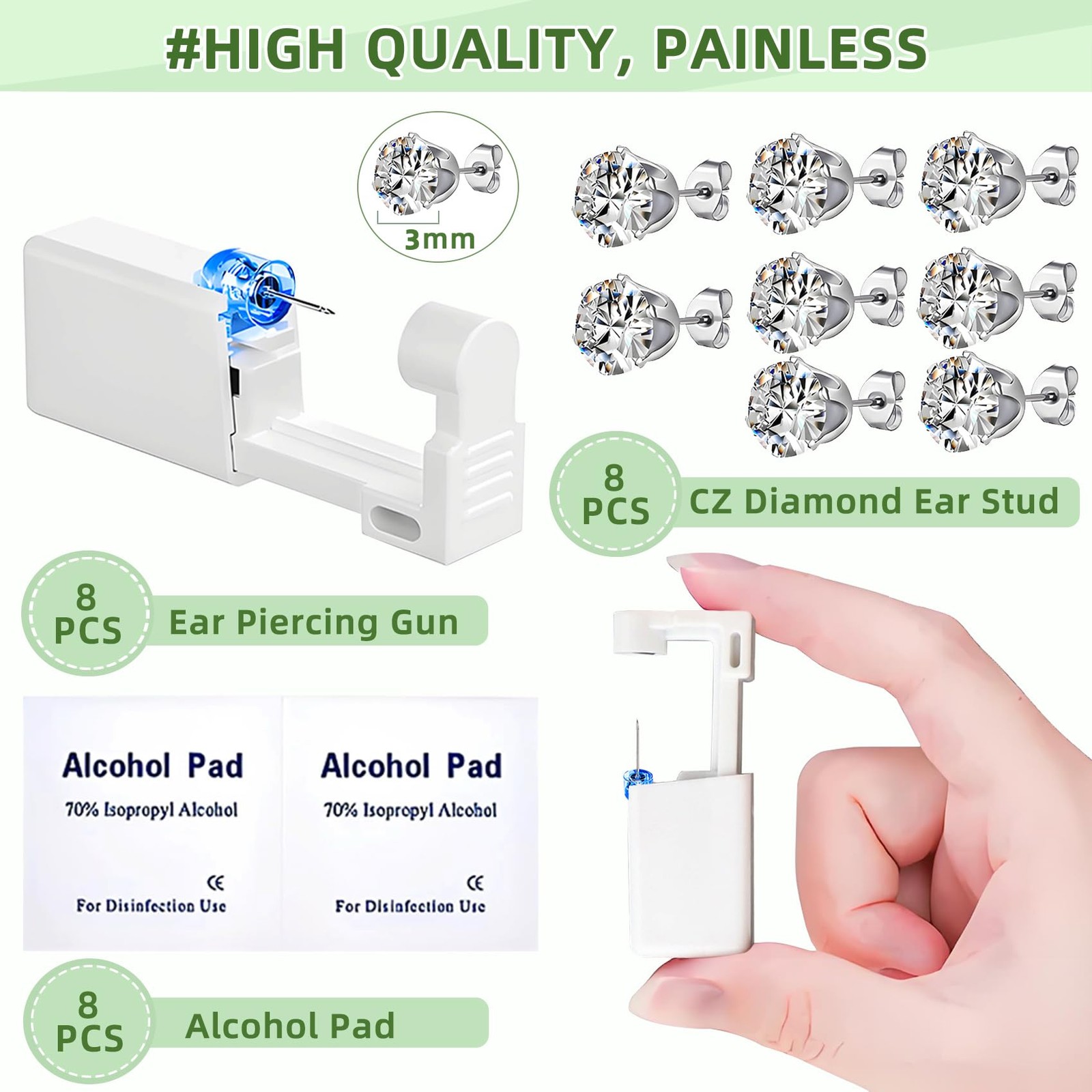 24 Pcs Ear Piercing Kit Disposable Gun with 3mm, Silver-3mm