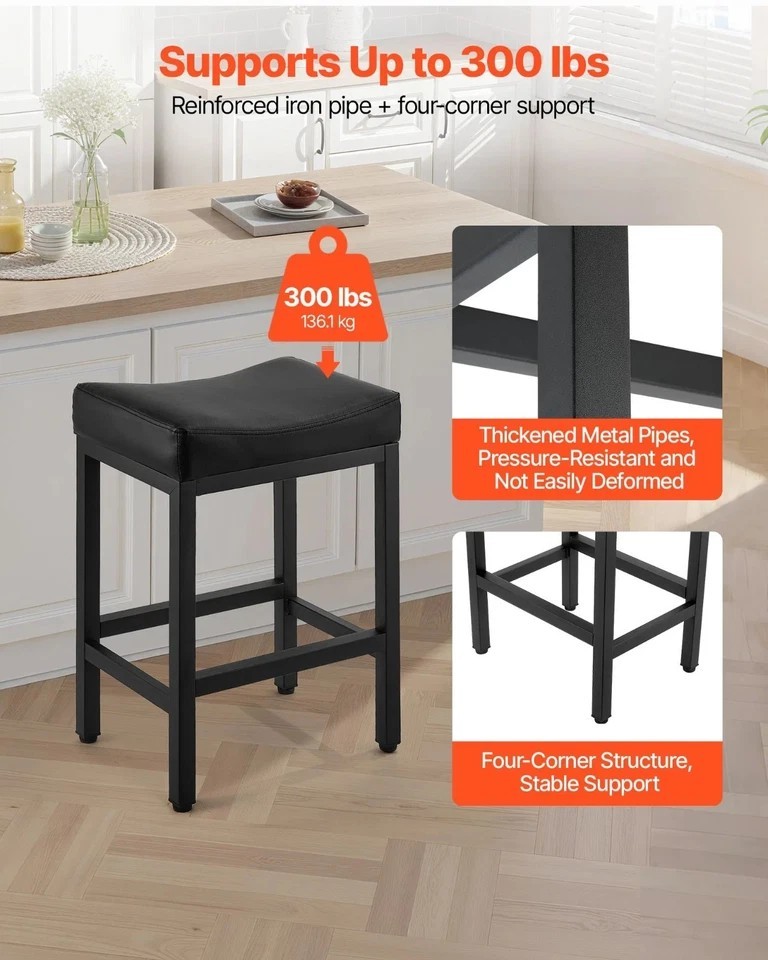 Bar Stool Set of 2 PU Leather Counter Height Stools 25 inch Barstool with Saddle