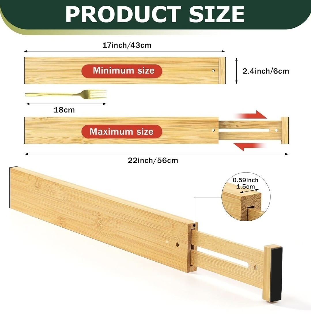 Bamboo Spring Loaded Adjustable Drawer Dividers 17-22in 6 Pack