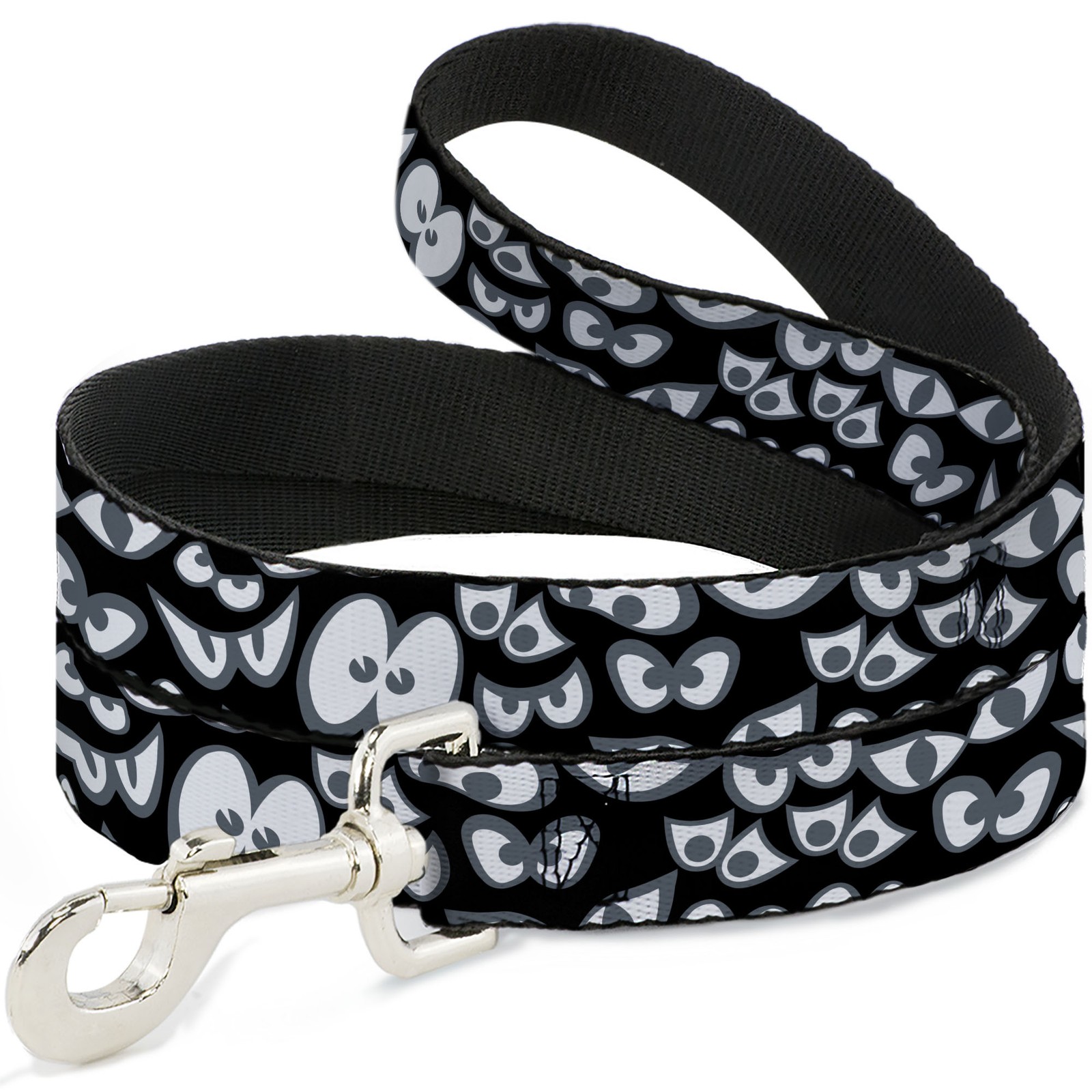 Dog Leash Spooky Eyes Scattered Black/Gray/White NARROW 0.5"