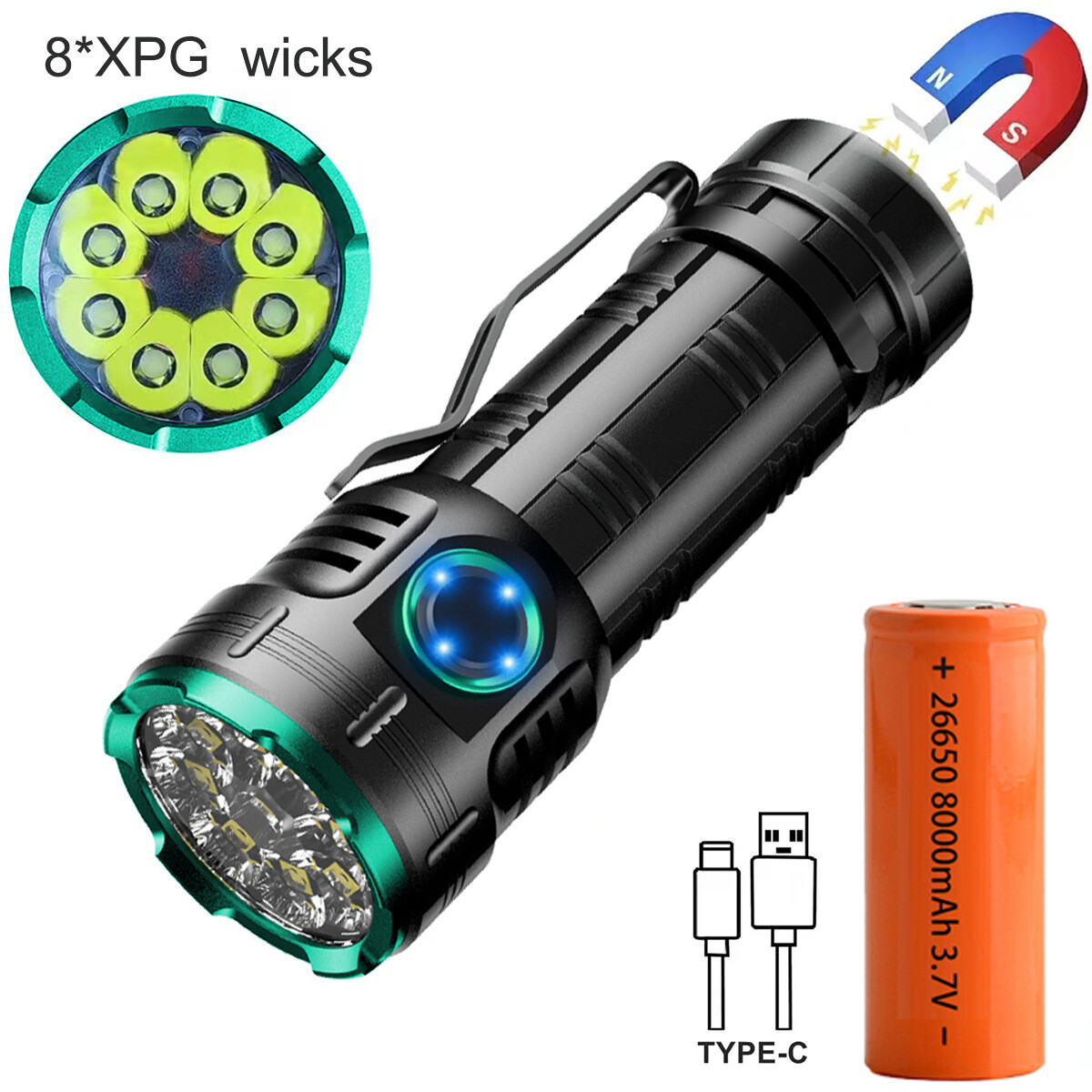 Super Bright 12000000LM Torch 8 LED Flashlight USB Rechargeable Tactical lights