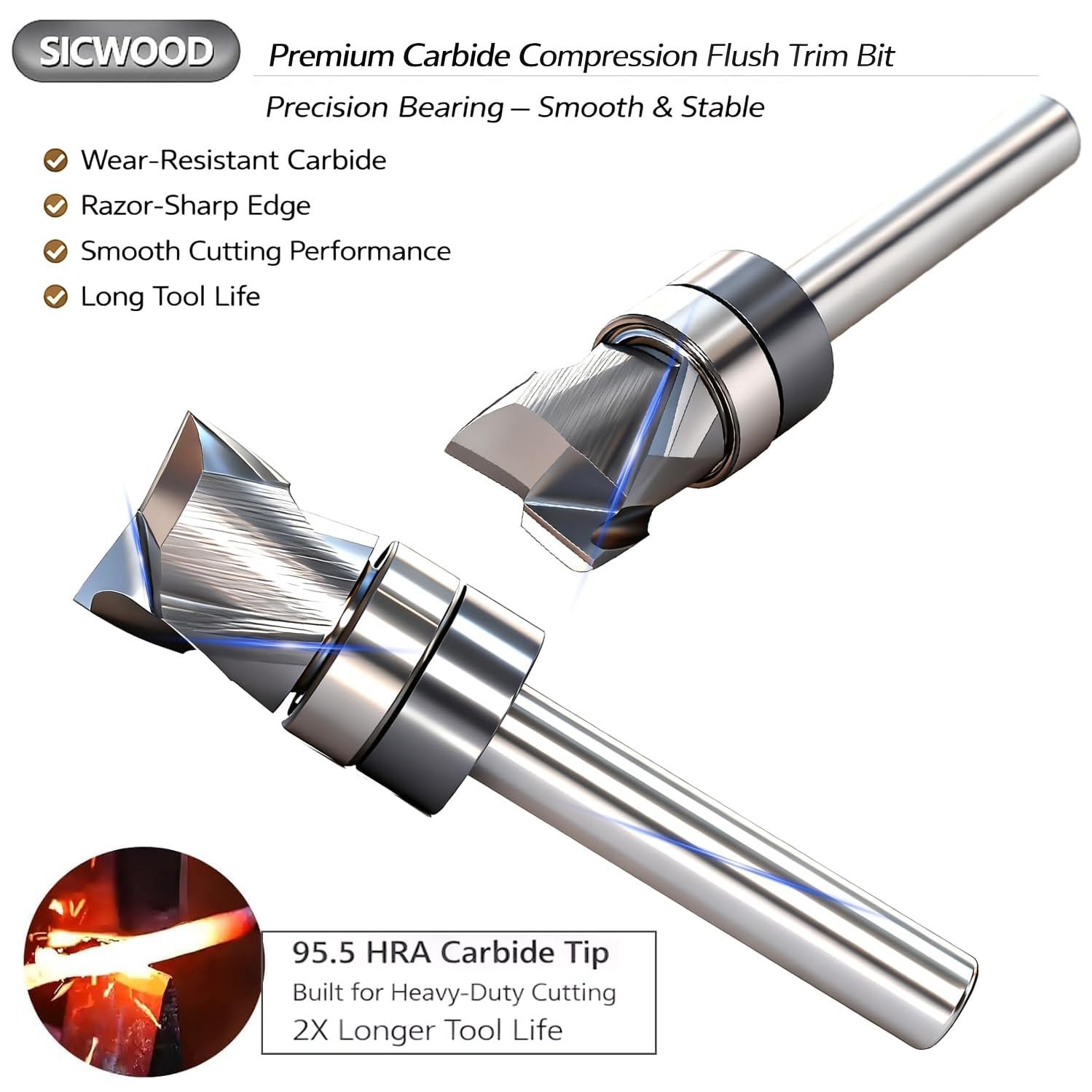 Solid Carbide Compression Flush Trim Router Bit 1/4 Shank, 2+2 Flute, 1/2" Di...