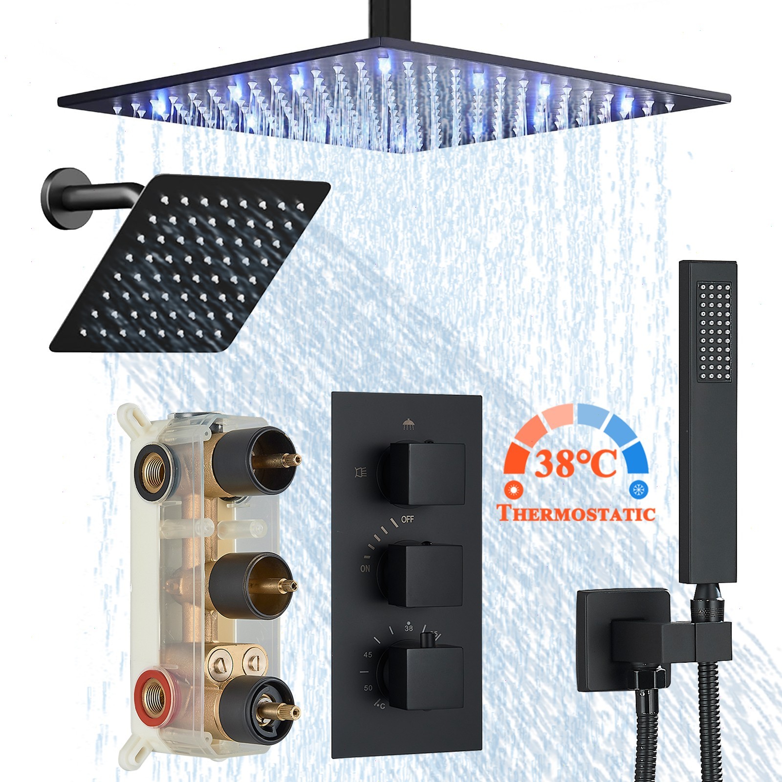 Black Shower Faucet Set 12"+6" Dual Shower Head Rainfall Thermostatic Valve Kit