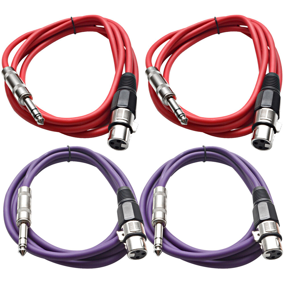 Four 1/4" to XLR Female Patch Cables 6' Extension Cords Jumper - Various Colors