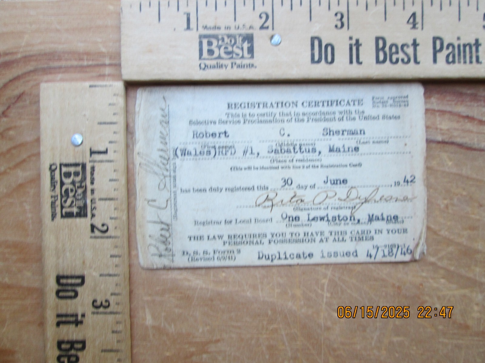 SELECTIVE SERVICE Registration certification sabattus Maine 1942