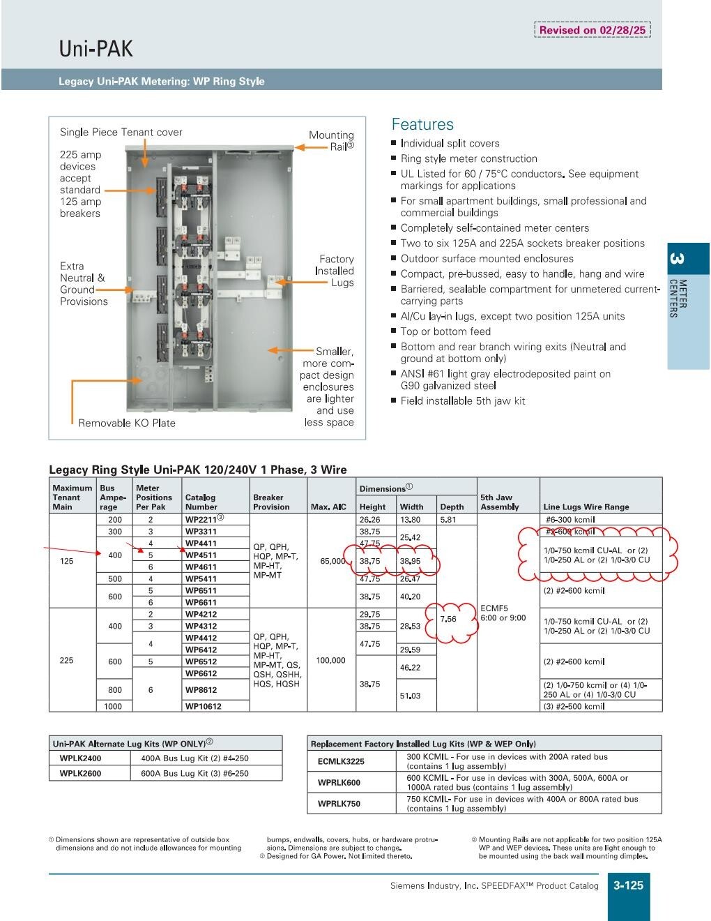 Siemens WP4511 400 Amp 1-Phase 5 125a Meter Pack Ring type