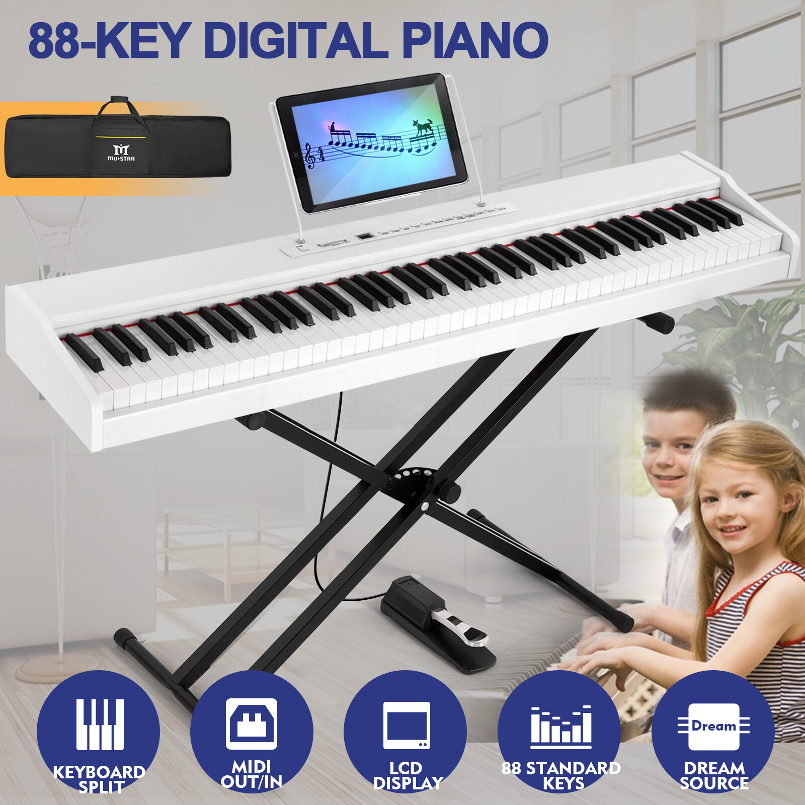 MUSTAR 88 Keys White Digital Piano Semi Weighted Electric Keyboard w/Stand,Pedal