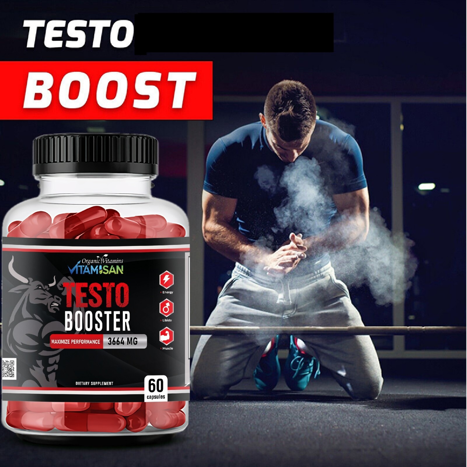 Testo Booster Supplement for Men 60 Caps | Vitality, Stamina, Energy | Vitamisan